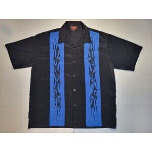 Vintage Y2K D Clothing Blue Black Embroidered Flames‎ Button Shirt Mens Large